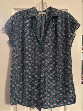 Max Studio Teal Floral Split-Neck Cap-Sleeve Blouse